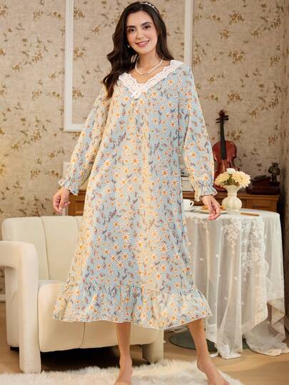 RS Pajama1 蕾丝 V 领长袖撞色蕾丝浪漫优雅印花睡裙，秋季，冬季，宽松睡衣