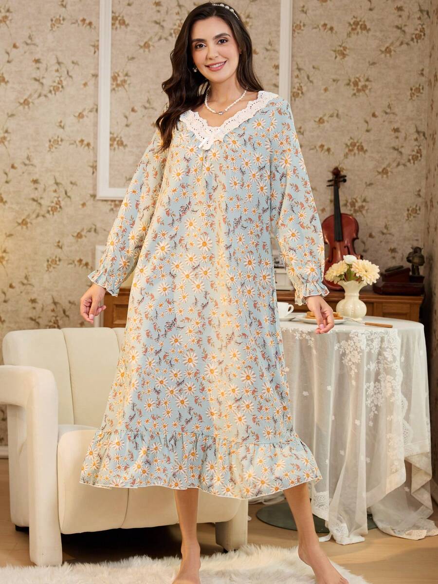 RS Pajama1 蕾丝 V 领长袖撞色蕾丝浪漫优雅印花睡裙，秋季，冬季，宽松睡衣 - 薄荷綠 - 查看 1