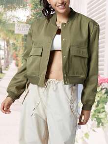 Women's 2025 Autumn/Winter Workwear Jacket With Button Closure, Ribbed Waist, Baseball Jacket, Motorcycle Jacket (With Pockets) - 軍綠色 - 查看 4