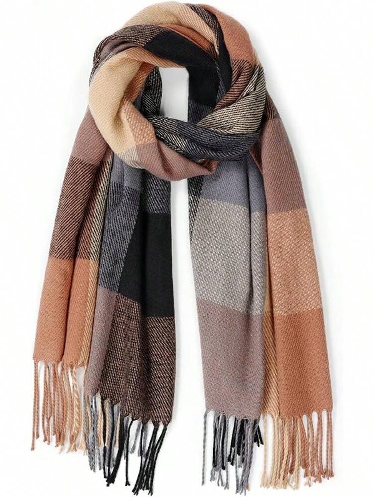 Bufanda de invierno para mujeres, bufandas de moda con sensación de cachemira a cuadros para mujeres, chales y envolturas de pashmina, bufanda larga tipo manta - Enrejado marrón grisáceo - Añade 8