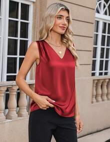 Women's Silk Satin Camisole Ruched Formal Casual Sleeveless Shirt Summer Business Work Shirt - Đỏ - Xem 3