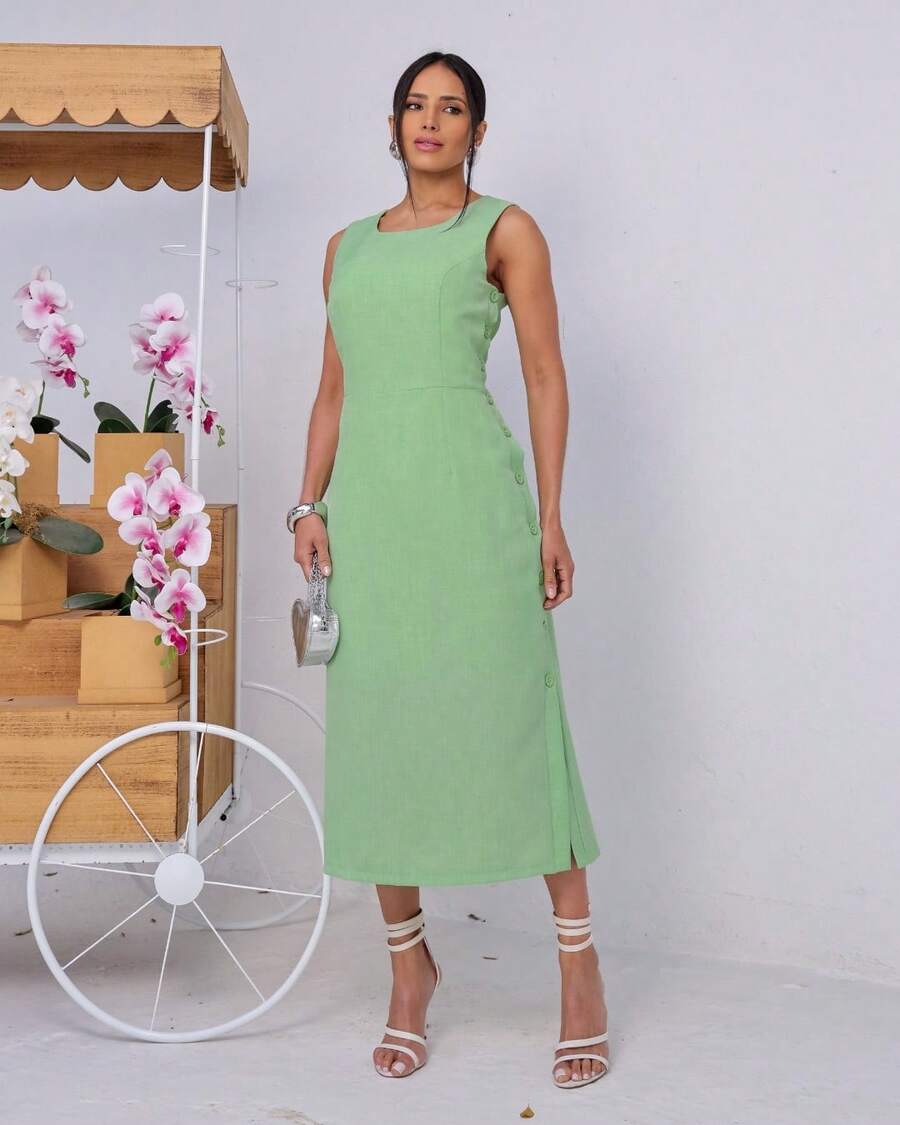 Women's Midi Dress Elegant Casual Buttons Front Simple Button - Lime Green - View 1