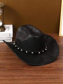 1pc Men's/Women's Black Cowboy Hat With Bull Head Decor & Windproof Chin Strap - Ideal For Western-Themed Events, Rodeos, Outdoor Adventures