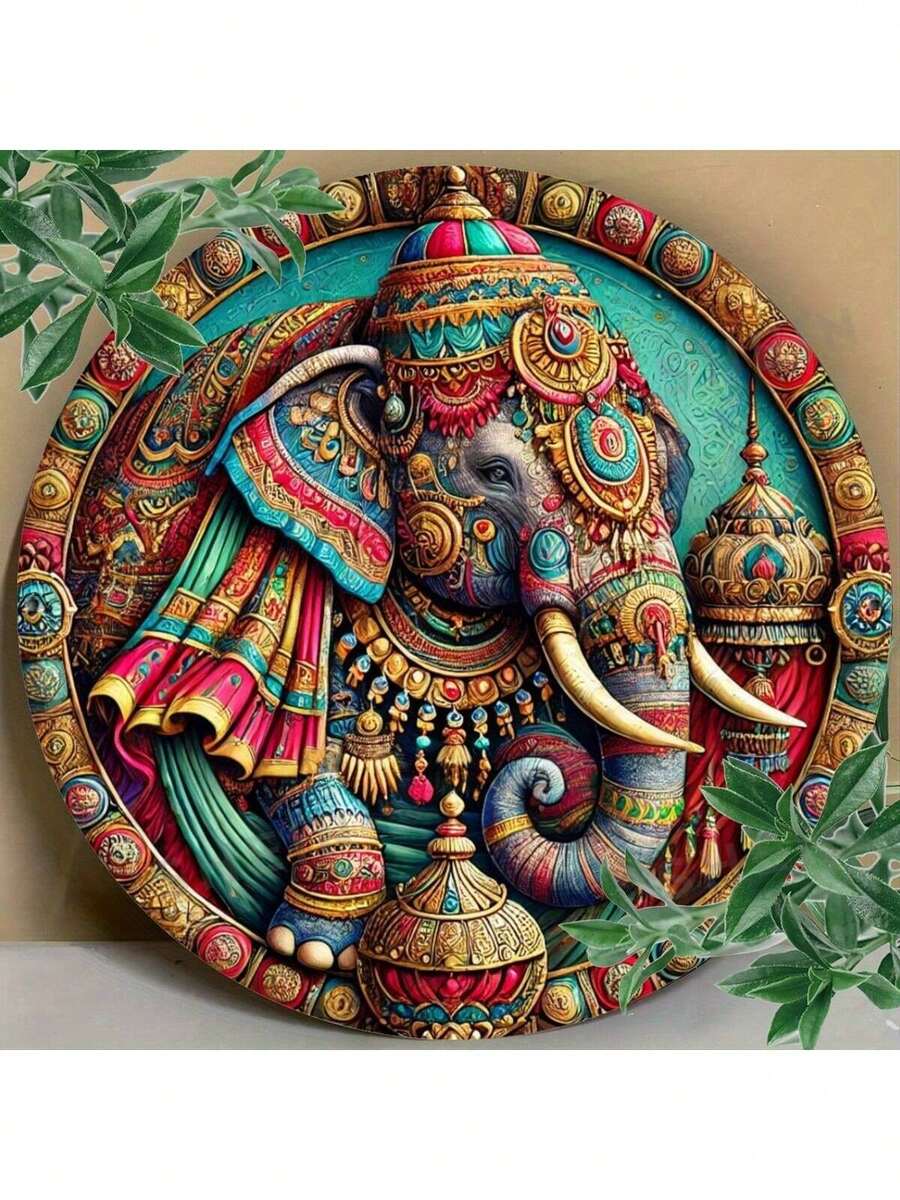 Elefant Folienprägung Wandkunst, dekorative Eisenmetall Plakette, 20 x 20 cm rund, detailliertes Elefanten Design für Bar, Café, Club, Küchendekoration - 1er Pack, zufällige Lieferung mit unterschiedlichen Lochpositionen oben, unten, links und rechts