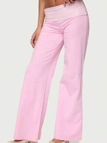 Women's Fold Over Yoga Pants Striped Polka Point Wide Leg Workout Sweatpants Y2k Lounge Pants - 粉色 - 查看 4