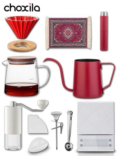 choxila 11pcs/Set Red Pour-Over Coffee Dripper Set, Drip Coffee Set, Coffee Brewing Kit, Perfect For Single Serve, Holiday Gift, Coffee Accessories, Ideal For Afternoon Tea, Bedroom, Living Room, And Camping