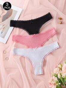 3 件装女士纯色高端蕾丝拼布丁字裤，可爱蝴蝶结设计，无缝弹力柔软舒适内衣 - 彩色 - 查看 4