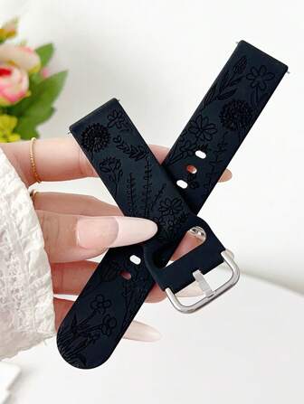 Correa de reloj de silicona con diseño floral tallado de 20mm/22mm, cómoda y suave correa de reloj deportiva ajustable compatible con Samsung/relojes