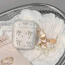 1 件装时尚 Apple 耳机保护壳，白色 3D 珍珠金蝴蝶结饰面，蝴蝶结元素，带蝴蝶结饰物，防震、防护、防尘、时尚，适合青少年和年轻人，日常使用和礼物