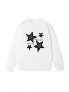 Women's Loose Casual Versatile Star Print Crew Neck Sweatshirt, Autumn/Winter - White - View 3