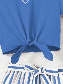 2pcs/Set Girl/Girls Casual Daily Graphic T-Shirt & Striped Printed Shorts Set, With Random Striped Belt - Blue - View 5