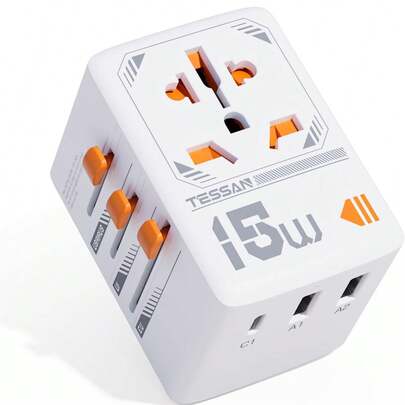  TESSAN Adapter podróżny na cały świat, uniwersalna wtyczka podróżna z 1 portem USB C i 2 portami USB A, międzynarodowy adapter do gniazdka, uniwersalny adapter do Anglii, Niemiec, USA, Australii, Japonii, Chin, adapter podróżny