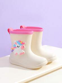 Giày đi mưa cao đến giữa bắp chân mới cho trẻ em, giày cao su dày dặn, ấm áp và bền chắc với họa tiết kỳ lân hoạt hình dễ thương và viền cầu vồng, giày cao su cao cấp dành cho bé gái, học sinh tiểu học, giày đi mưa cao đến giữa bắp chân kiểu dáng mới mẻ. - Màu be - Xem 3