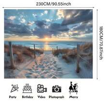 2D Polyester Fiber Beach Sunset Backdrop Banner, Coastal Landscape Wall Decor, Blue Sky & Ocean Theme Party Supplies, Suitable For Indoor & Outdoor Celebrations, Birthday & Anniversary - Multicolor - View 3
