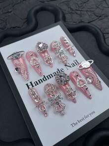 Bộ 10 móng tay giả màu hồng dễ thương mùa hè & thu, móng tay mạ crom, bộ móng acrylic dán kiểu Nhật Y2K, móng dài nhọn mạ crom, bộ móng giả thủ công phủ kín toàn bộ móng với đá và họa tiết trái tim 3D, móng giả màu hồng bóng mạ crom kiểu Punk với dây xích và lớp phủ kim loại, móng dán, thiết kế nghệ thuật móng Gothic, quà tặng ngày Valentine, quà tặng Halloween cho phụ nữ và bé gái - Hồng - Xem 5