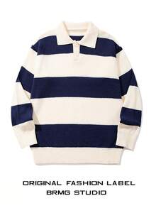 休闲条纹撞色 Polo 领轻薄修身套头针织衫，男女皆宜，秋冬款