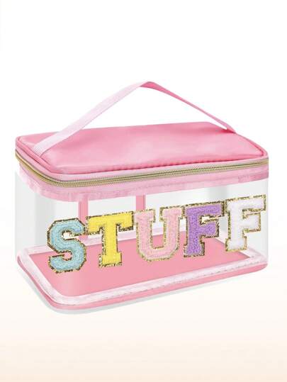 1pc Girls Letter Clear Makeup Bags, Preppy Pink Hair Bag Chenille Patch Makeup Bag Travel Cosmetic Bag With Handle Zipper Waterproof TPU Hair Accessories Organizer Pouch For Girls