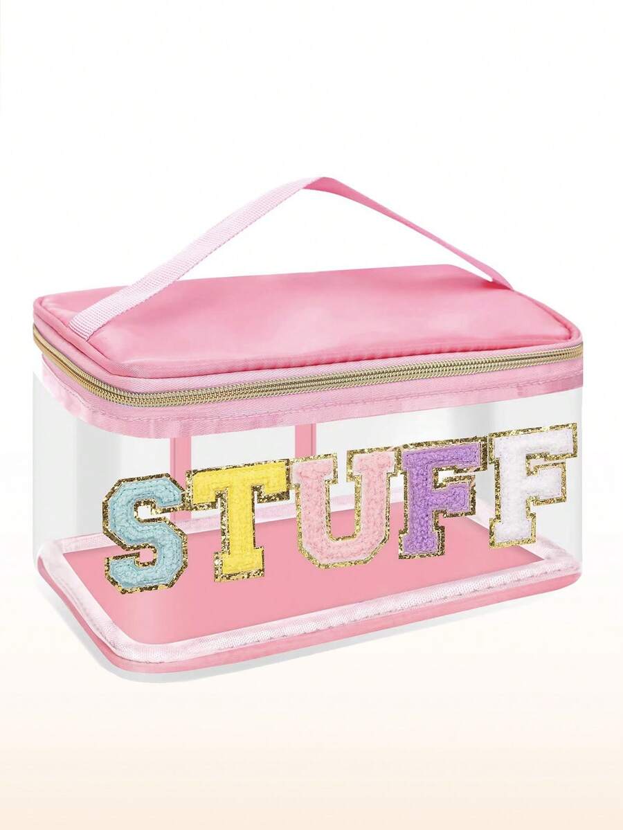 1pc Girls Letter Clear Makeup Bags, Preppy Pink Hair Bag Chenille Patch Makeup Bag Travel Cosmetic Bag With Handle Zipper Waterproof TPU Hair Accessories Organizer Pouch For Girls - Transparent - View 1