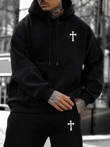 Bộ áo hoodie thu/đông nam | Họa tiết chữ thập | Trang phục thể thao thường ngày thiết yếu - màu đen - Xem 4