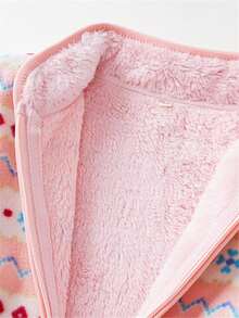 YUHANWOO 女童保暖内衬夹克，新品，粉色费尔岛条纹和甜美印花图案，立领，秋冬加厚保暖防风户外休闲拉链外套