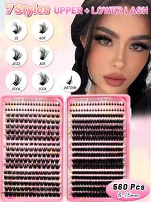 560pcs D Curl Fluffy Lashes Cluster Lash Extension Kit With 80pcs Bottom Lashes And 6 Styles Mixed 8-16mm Length Mixed Fluffy 60D+80D+100D Individual Lashes Cluster Segmented Spikes D Curl Eyelash Extension - D - View 12