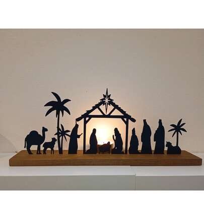Set Presepe per decorazione natalizia interna, Presepe in metallo nero con base in legno e personaggi, Decorazioni Presepe per Natale, Tavolo e Mensola di Casa