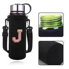 1 件 550-1500 毫升运动水壶套保温袋斜挎杯保护套带肩带可调节杯子托架水瓶架袋绣有字母 A-Z - 黑色 - 查看 13