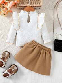 2pcs/Set Baby Girl Outfit, Autumn/Winter Adorable Lady-Like Fashion Ruffle Collar Long Sleeve Top + Bow Decor Skirt Set, Suitable For School Season, Perfect Outdoor Gift - Brown - View 8