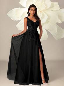 VIPGIRL Đầm dạ hội maxi đen cổ chữ V xẻ cao đính sequin xuyên thấu, đầm dự tiệc sang trọng thanh lịch dành cho nữ, đầm dự tiệc, đầm dài nữ, đầm maxi, đầm dạ hội, đầm dự đám cưới, đầm trang trọng mùa xuân - màu đen - Xem 7