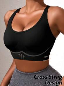女士无缝瑜伽文胸，防震，工字背设计，轻薄，提拉，无钢圈，纯色交叉肩带，舒适瑜伽内衣，适合室内外运动，透气，性感瑜伽文胸搭配交叉背带瑜伽裤，健身房专用无钢圈文胸，防震，舒适内衣 - 黑色 - 查看 5