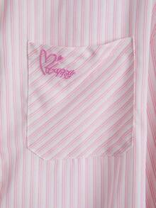 Women's Solid Color Pocket Embroidery Button Casual Shirt - Pink - View 4