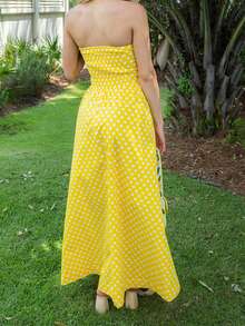 Women Dot Print Strapless Dress Off Shoulder Sleeveless A-Line Long Dress With Pockets For Daily Travel Party - Màu vàng - Xem 6