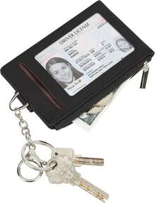 Women & Men Keychain Card Holder Case Zipper Slim Minimalist Front Pocket Wallet With 2 ID Window, Black - Đỏ01 - Xem 3