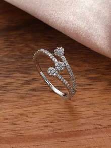 1pc 3-Flower Design Cubic Zirconia Encrusted Ring, Fashionable & Versatile, Suitable For Wedding, Engagement, Daily Wear, Gift Choice, Saudi National Day Promotion, Saudi Arabia Commemorative Jewelry, Halloween, Christmas - Silver - View 9