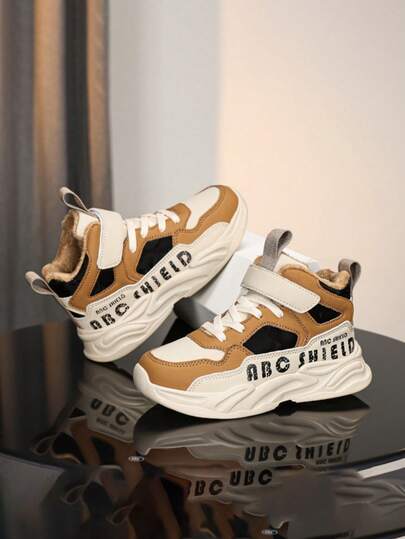 1双儿童冬季加绒高帮运动鞋，厚底，防水，防滑，耐穿，轻便舒适，魔术贴设计，男女通用休闲雪地靴，适合上学穿着