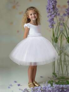 Young Girls' Solid Color Chiffon & Satin Dress, Simple & Elegant Dress Suitable For Performance, Hosting, Runway, Does Not Include Hair Accessories - White - View 5