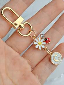 1pc Unisex A-Z Letter Stainless Steel Keychain, Minimalist Letter, Flower, Ladybug Design, Gift For Friends, Bag Pendant - Multicolor - View 5