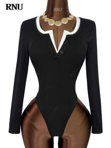 RNU 对比黑白半扣女式简约 V 领不对称领口弹力打底修身上衣女式休闲俱乐部商务休闲演唱会服装办公室服装老钱风格热纯色罗纹针织面料高弹力超柔软舒适婴儿亲肤修身休闲日常性感派对街头度假旅行约会春夏秋冬两件套新款长袖紧身衣 - 黑與白 - 查看 1