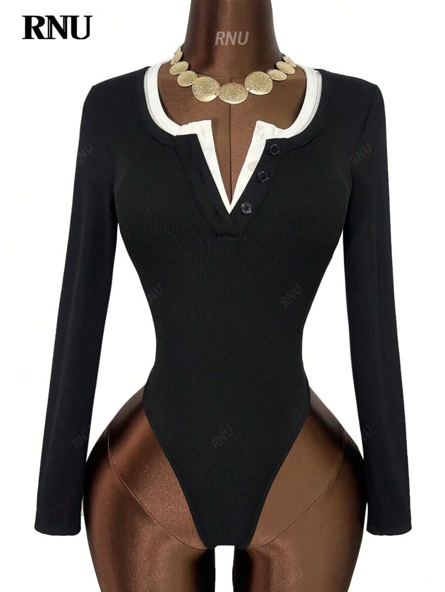 RNU 对比黑白半扣女式简约 V 领不对称领口弹力打底修身上衣女式休闲俱乐部商务休闲演唱会服装办公室服装老钱风格热纯色罗纹针织面料高弹力超柔软舒适婴儿亲肤修身休闲日常性感派对街头度假旅行约会春夏秋冬两件套新款长袖紧身衣 - 黑與白 - 查看 1