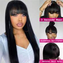 30 Inch Long Straight Wig With Bangs Human Hair Blended 200% Density Non Lace Front Wig Blended Hair Put On And Go Glueless Wig Natural Black Color Blended Hair Full Machine Bangs Wig Mixed Blended Hair For Fashion Women Daily School Wear Use - 自然色&黑色系 - 查看 5