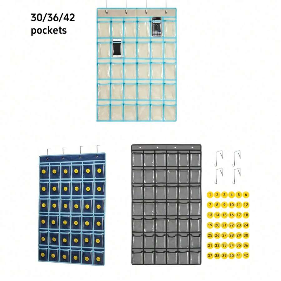 1 个 30/36/42 口袋透明教室手机挂袋，用于手机、耳机、文具、钥匙、计算器的收纳袋，适用于教室、家庭、学校、办公室，配有数字贴纸和 4 个挂钩