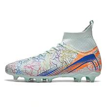 1 Pair Sports Style Anti-Slip Durable High-Top Football/Soccer Shoes, AG Studs Design, PU Leather Upper, Colorful, Rubber Outsole, Professional Match Shoes Suitable For Muddy, Short Grass Fields