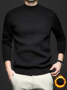 男士立领长袖纯色休闲套头毛衣，秋冬季保暖厚针织衫 - 黑色 - 查看 5
