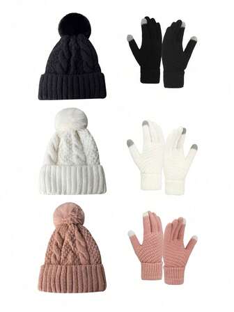 2pcs/Set Knitted Hat And Gloves, Fashionable Casual Beanie And Mittens For Keeping Warm In Autumn/Winter, Suitable For Daily, Traveling, Hiking, Skiing, Cycling, Climbing Winter Accessories