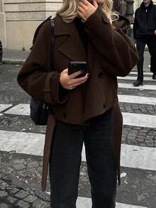 KM Winter Women, Solid Color Long Sleeve Double-Breasted Casual Jacket , Chic, There Is A Belt, Autumn Going Out Friends OverJacket, For Friends, Wife, Girlfriend Gifts, Wide-Shoulder Style Short Jacket, Halloween, Christmas Women, Tops - Coffee Brown - View 8