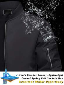  Men's Bomber Jacket Lightweight Casual Windbreaker Zip Up Coat With Pocket - 黑色 - 查看 3