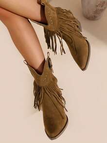 Western Style Boho Buckle Decor Fringe Rivet Wedge Slip-On Loafers, Versatile Western Ankle Boots, Solid Color Boots - Dark Brown - View 2