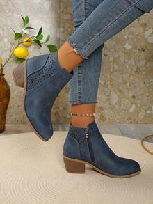 Botas cortas de otoño 2025 para mujer de talla grande, zapatos de estilo clásico del oeste americano para ir al trabajo, color azul sólido con tacón grueso hueco y tacón medio, con cremallera lateral en los tobillos