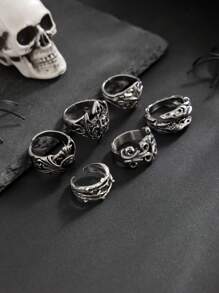 6 件朋克风格骷髅和星星设计戒指套装，适合男士日常休闲佩戴