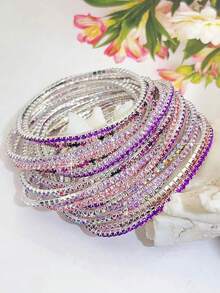 12pcs Set Fashionable White Crystal Elastic Bracelets For Women, Suitable For Parties - Elastic Bracelet - View 31